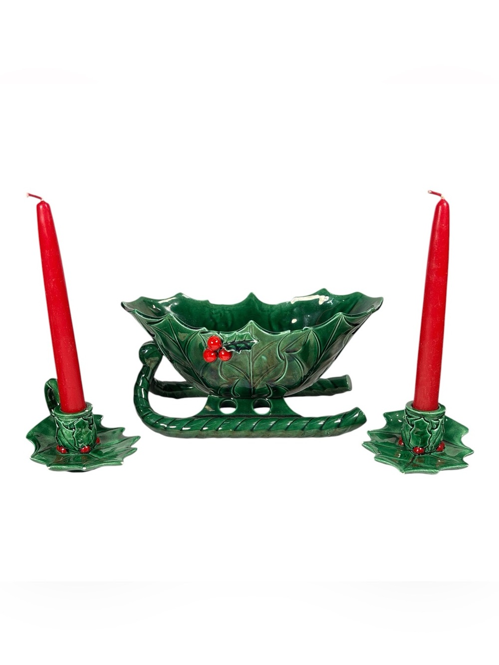 Vintage Lefton Green Holly Berry Ceramic Sleigh Candy Dish and Candle Holder Set
